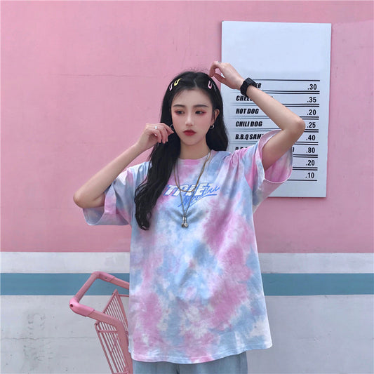 Loose Harajuku style tie-dye bf top summer