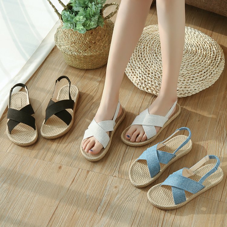 Linen Women's Sandals Cross One Word Strap Women's Shoes