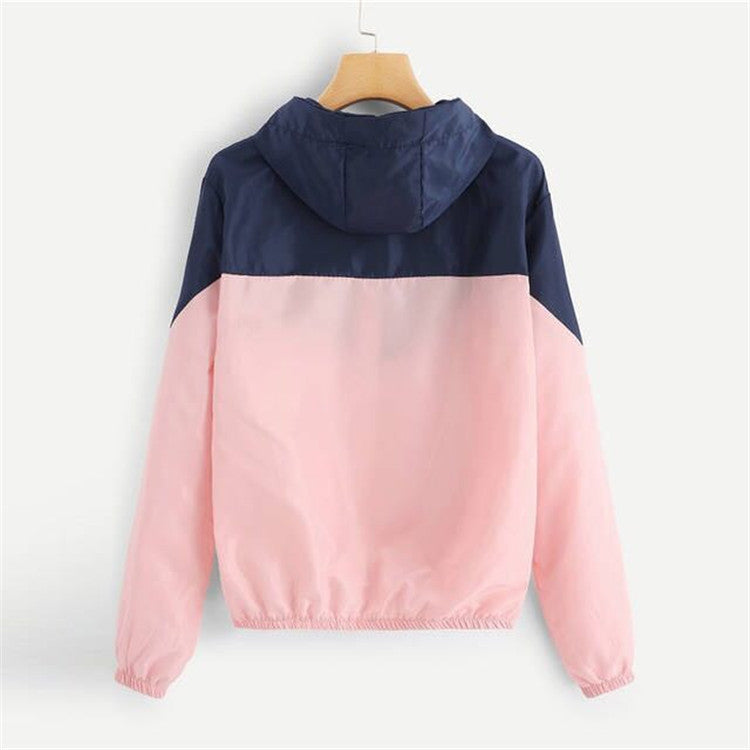 Europe and the United States spring new women's solid color two-color stitching long-sleeved hooded sunscreen jacket