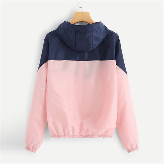 Europe and the United States spring new women's solid color two-color stitching long-sleeved hooded sunscreen jacket