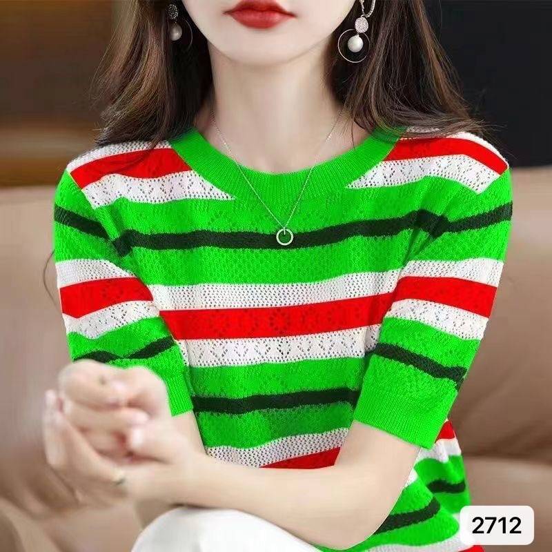 Color Matching Hollow Out Half Sleeve Loose Striped Top