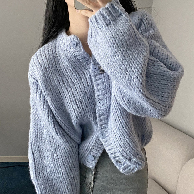 Women's Round Neck Lantern Sleeve Knitted Cardigan