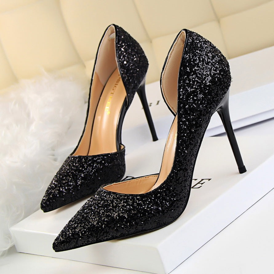 Skinny Women's Shoes Stiletto Heel Shallow Mouth Pointed Side Hollow-out Sequin