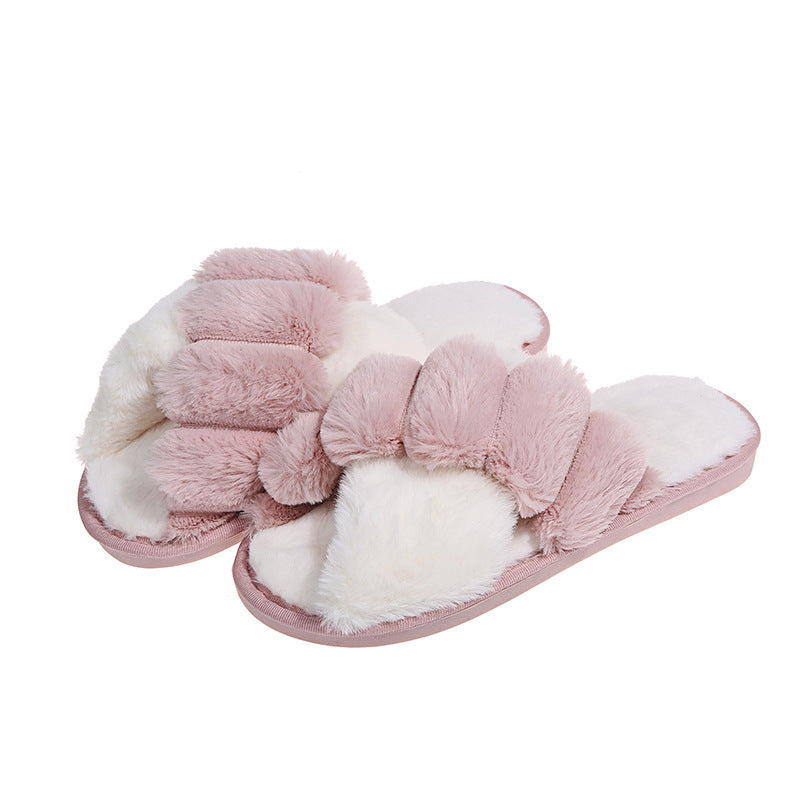 Cross-strap Furry Slippers Home Flat Indoor Floor Bedroom House Shoes Women