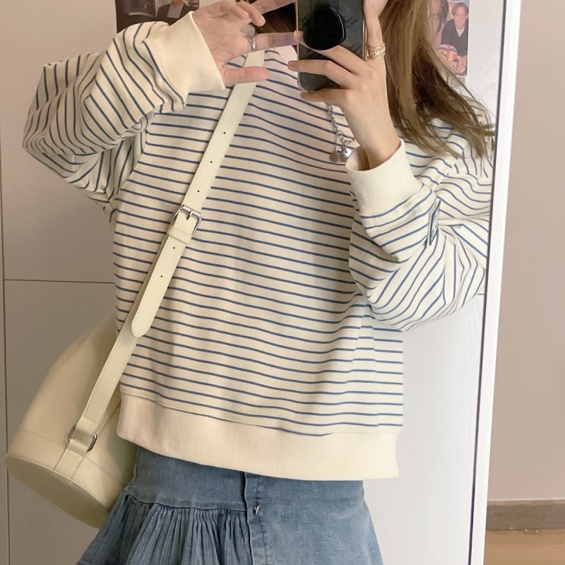 Korean Style Loose Design Striped Top Round Neck