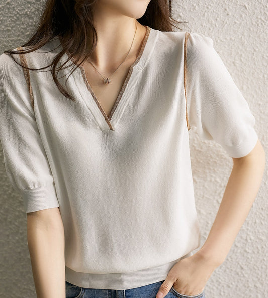 Women's Summer V-neck Loose Thin Knitted T-shirt