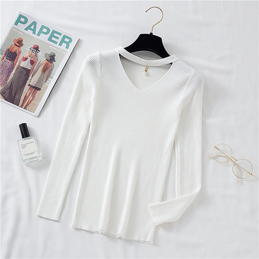 Autumn And Winter New V-neck Long-sleeved T-shirt Women Slim Slim Fashion