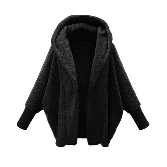 European And American Women's Clothing Solid Color Long Sleeve Hooded Loose Plush Coat