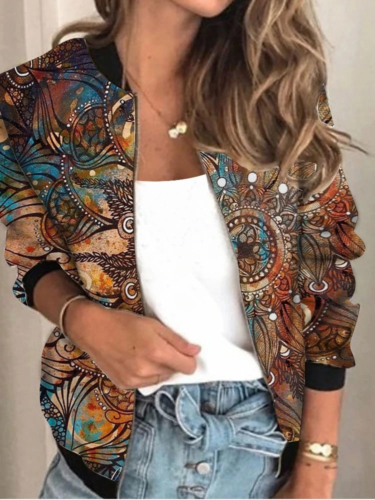 New Loose Stand Collar Cardigan Print Coat Women's Clothing