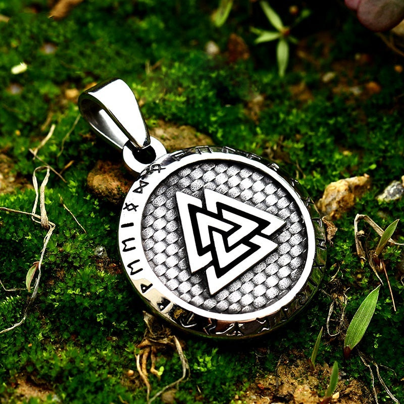 Viking Letter Titanium Steel Stacked Triangle Round Pendant