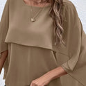 Solid Layered Cloak Sleeve Blouse, Versatile Crew Neck Blouse For Spring & Fall, Women's Clothing