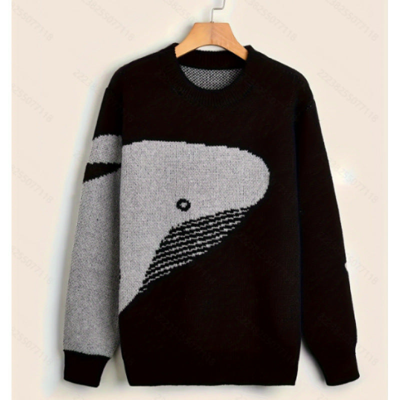 Autumn Winter Japanese Cartoon Whale Round Neck Men's Fashion Brand Couple Casual Loose All-matching Pullover Sweater