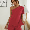 Off-the-shoulder Short Sleeve Sloping-shoulder Off The-shoulder Casual Two-piece Suit