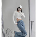 Irregular Breasted High Waist Jeans For Women Straight-leg Trousers