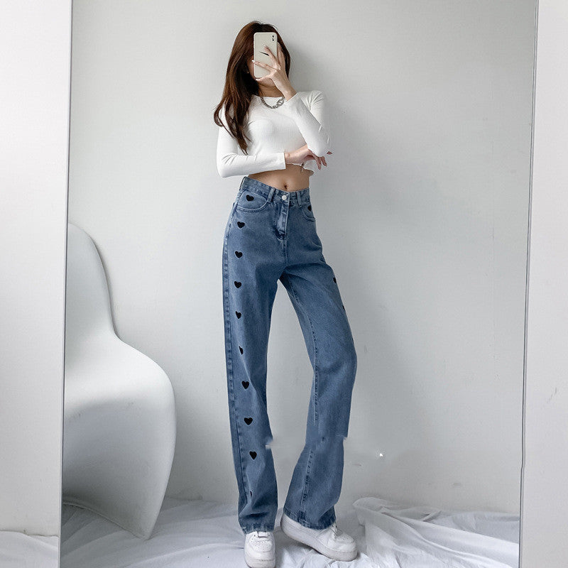 High Waist And Slim White Hong Kong Style Wide Leg Mopping Denim Trousers