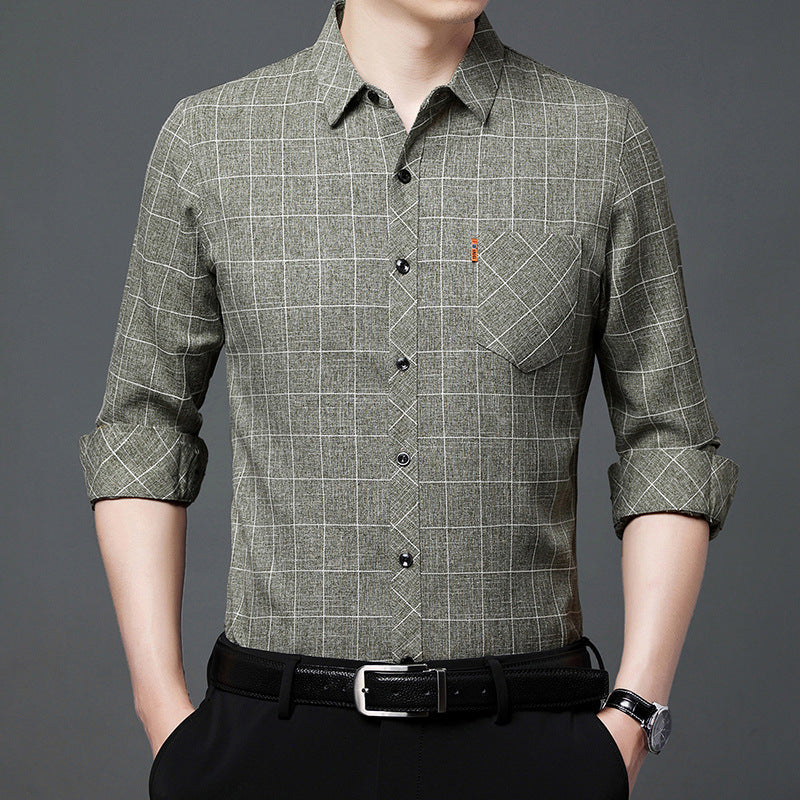 Linen-like Plaid Long-sleeved Shirt For Middle-aged Men