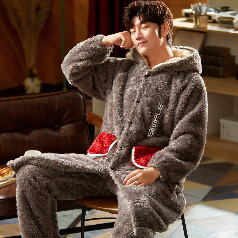 Men's Fleece Thickened Long Coral Fleece Pajamas Set