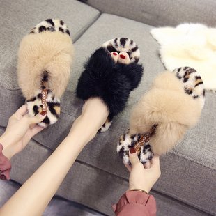 Rabbit fur leopard print cross-hair slippers