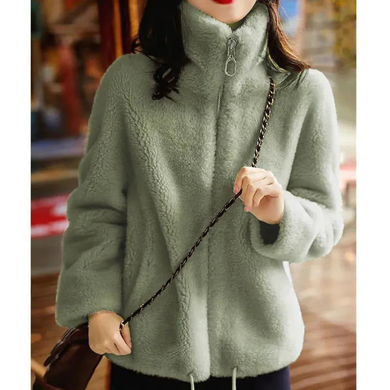 Winter Fleece Padded Coat Women's Zipper Cardigan Double-sided Velvet Thermal Turtleneck Sweater