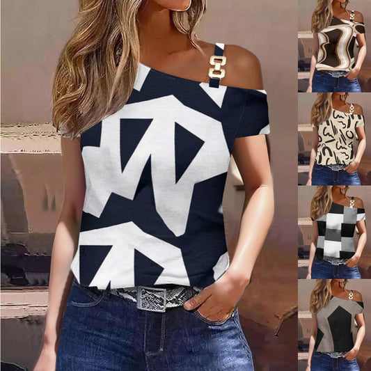 Camiseta de verano con estampado de hebilla de metal y mangas cortas Simplicity para mujer