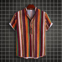 Men's Stand Collar Ethnic Style Striped Cotton-linen Shirt Fashion Casual Short Sleeve