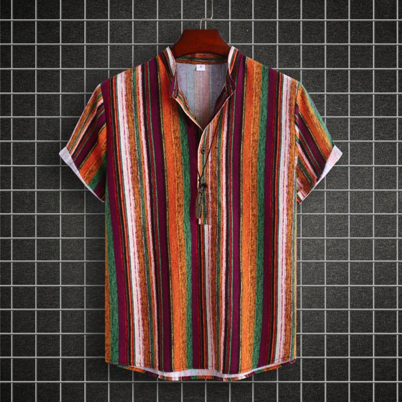 Men's Stand Collar Ethnic Style Striped Cotton-linen Shirt Fashion Casual Short Sleeve