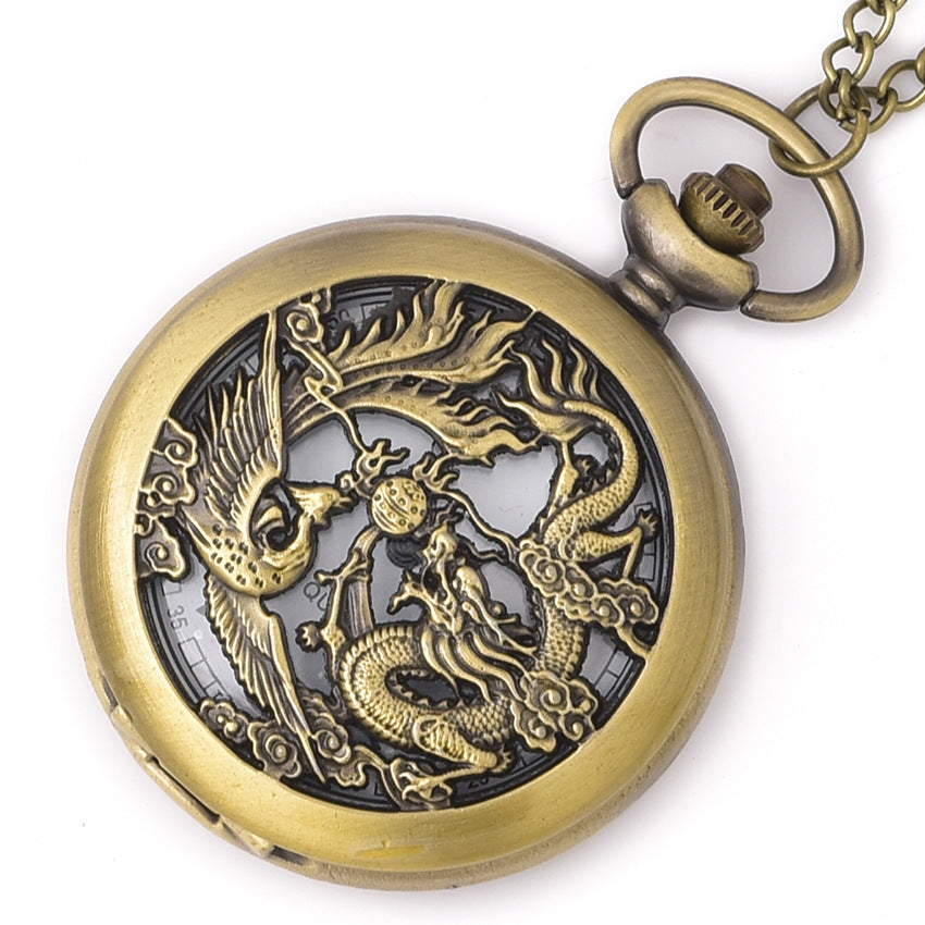 Hollow dragon and phoenix play beads pocket watch