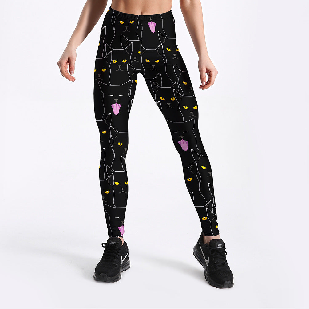 Black cat print women's slim sports leggings