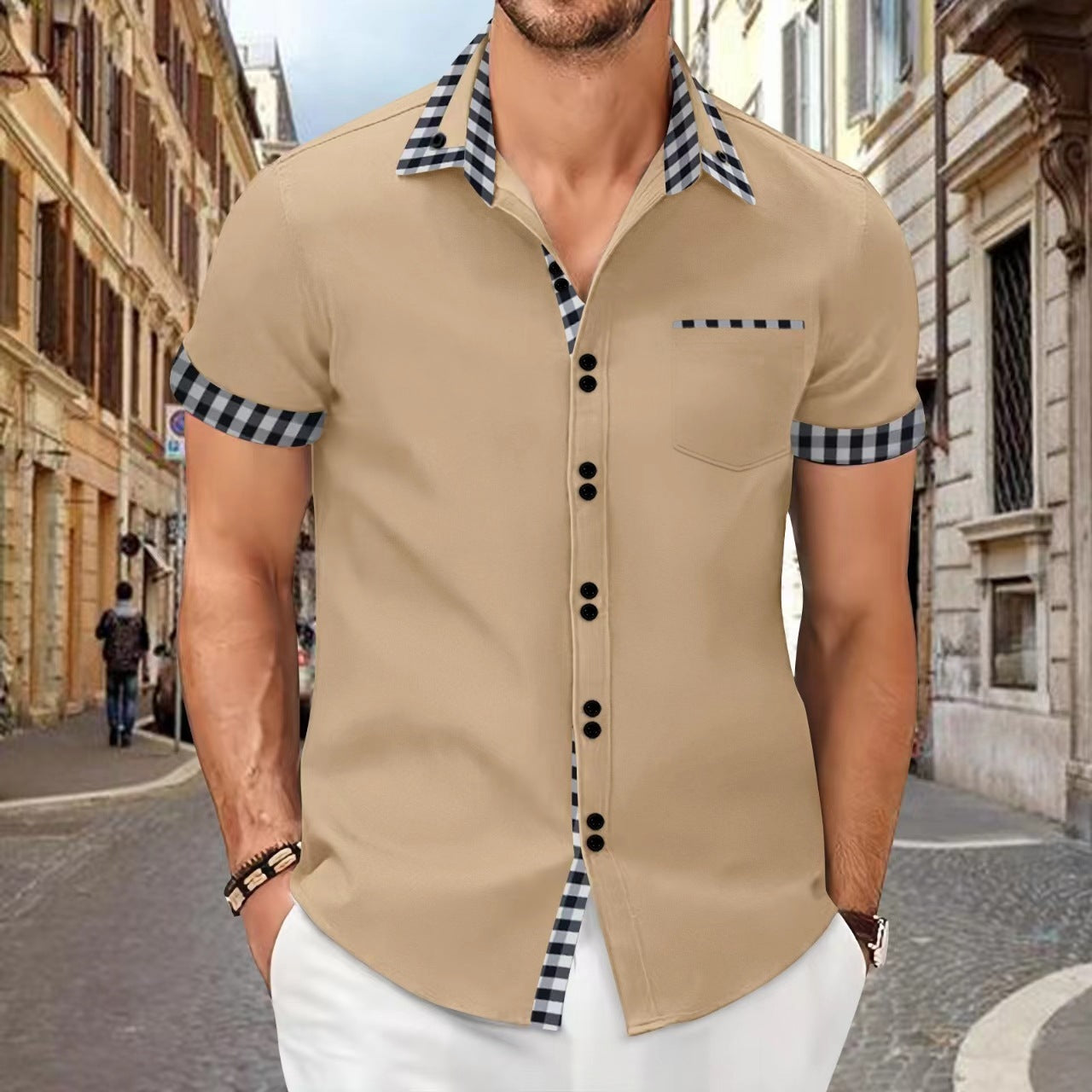 Men's Shirt Casual Pocket Stitching Contrast Color Top