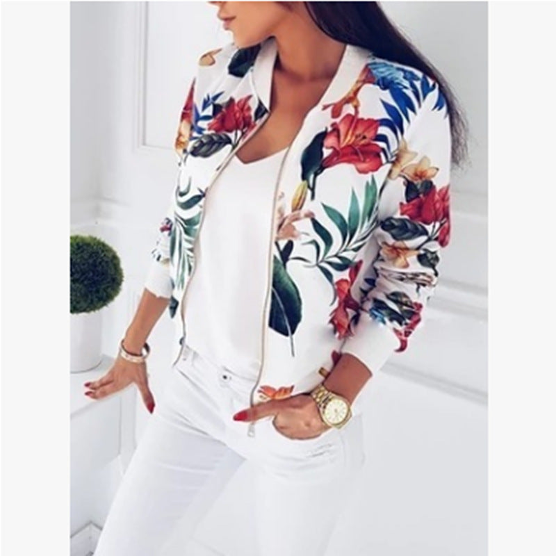 Fashion Printed Round Neck Zipper Long Sleeve Coat