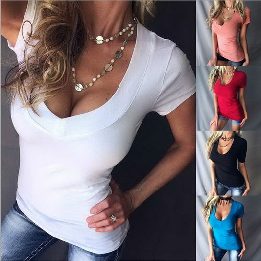 Solid color V-neck short sleeve T-shirt