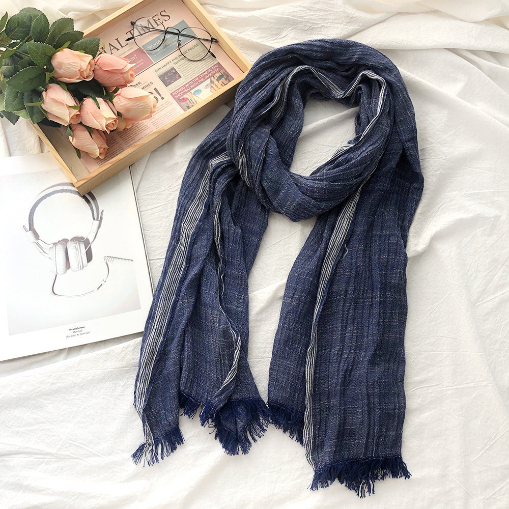 Japanese And Korean Striped Solid Color Cotton And Linen Scarf