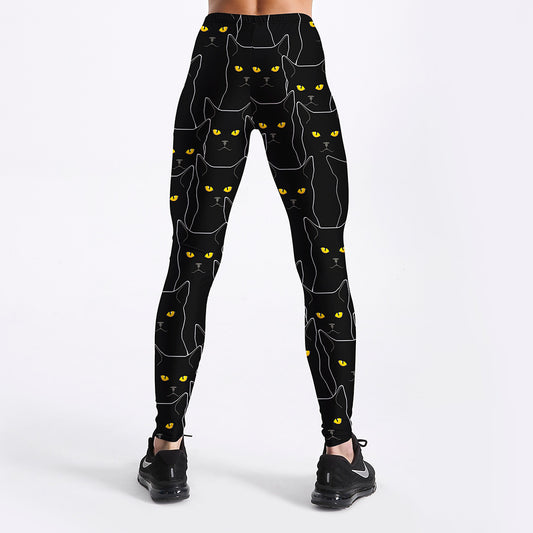 Black cat print women's slim sports leggings