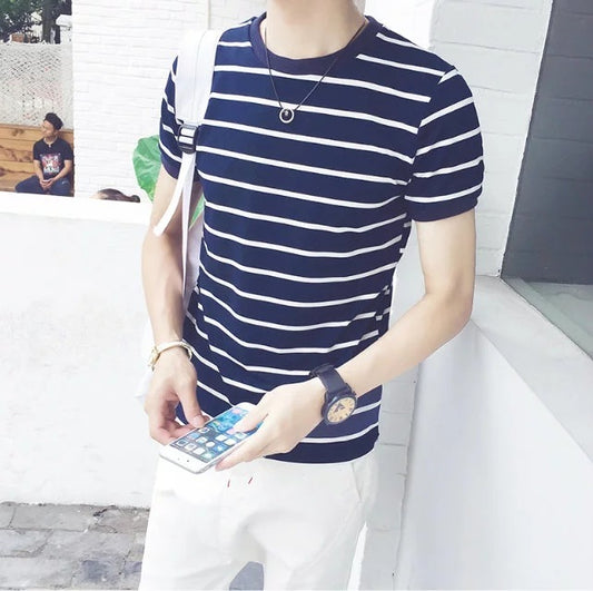 Striped short-sleeved T-shirt slim slim simple