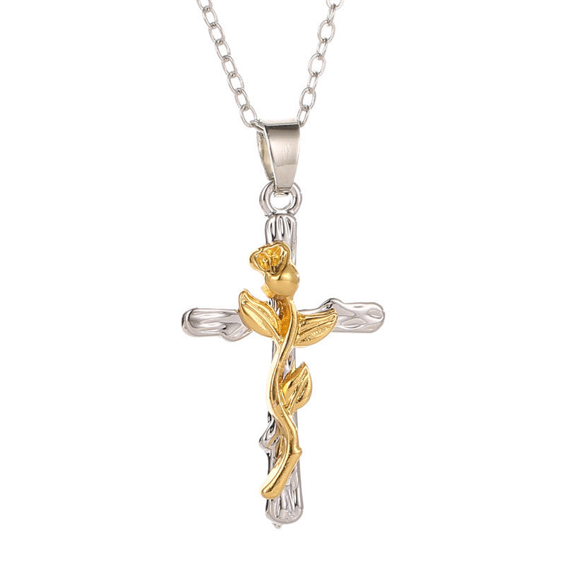 Classic Vintage Leaf Jesus Cross Necklace