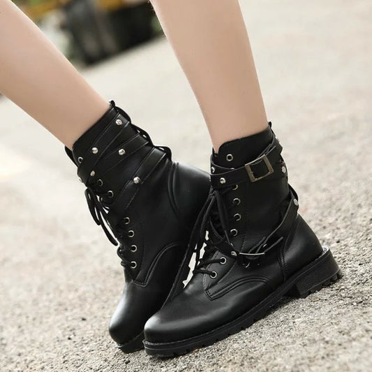 Thick Heel Rivet Belt Buckle Motorcycle Boots