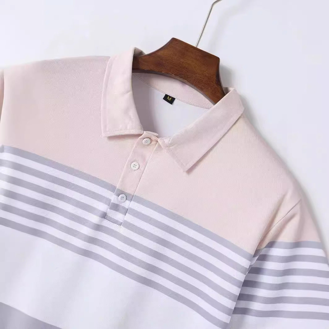 Lapel Button Striped Colorblock All-matching T-shirt