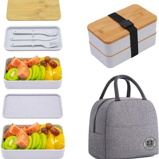 Japanese-style Bamboo Wood Cover Double-layer Plastic Microwaveable Portable Bento Box Suit