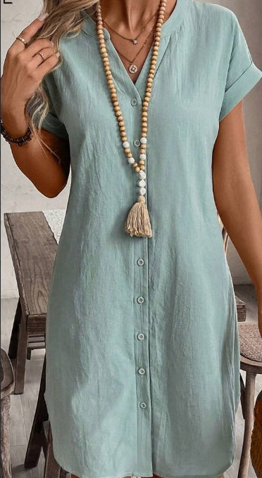 Solid Notched Button Front Batwing Sleeve Shirt Dress