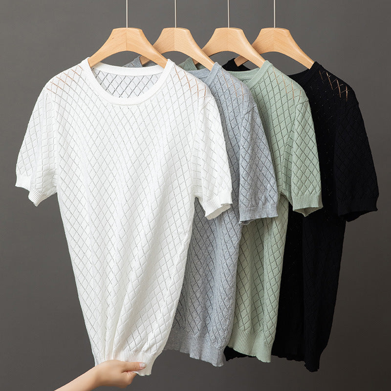 Men's Knitted Half Neck Hollow Short Sleeve Cotton T-shirt