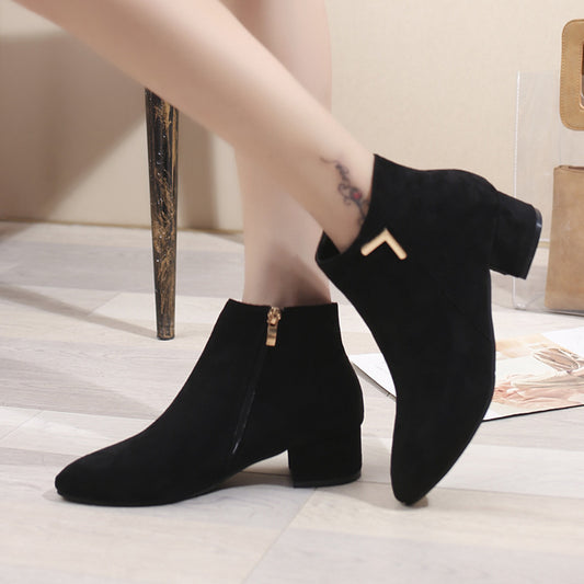 Block Heel Suede Pointed Toe Low-Heel Short Boots