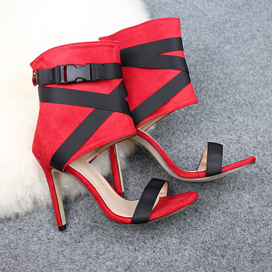 Open Toe Fashion Style Woven Buckle Stiletto Heels Peep Toe Women's Shoes