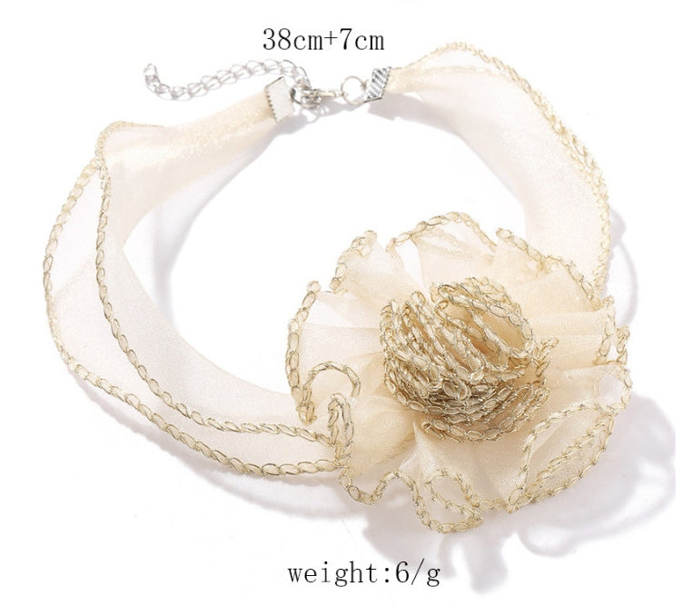 Creative Personalized Minority Fabric Three-dimensional Flower Lace Necklace Female Trend Transparent Mesh Clavicle Pendant