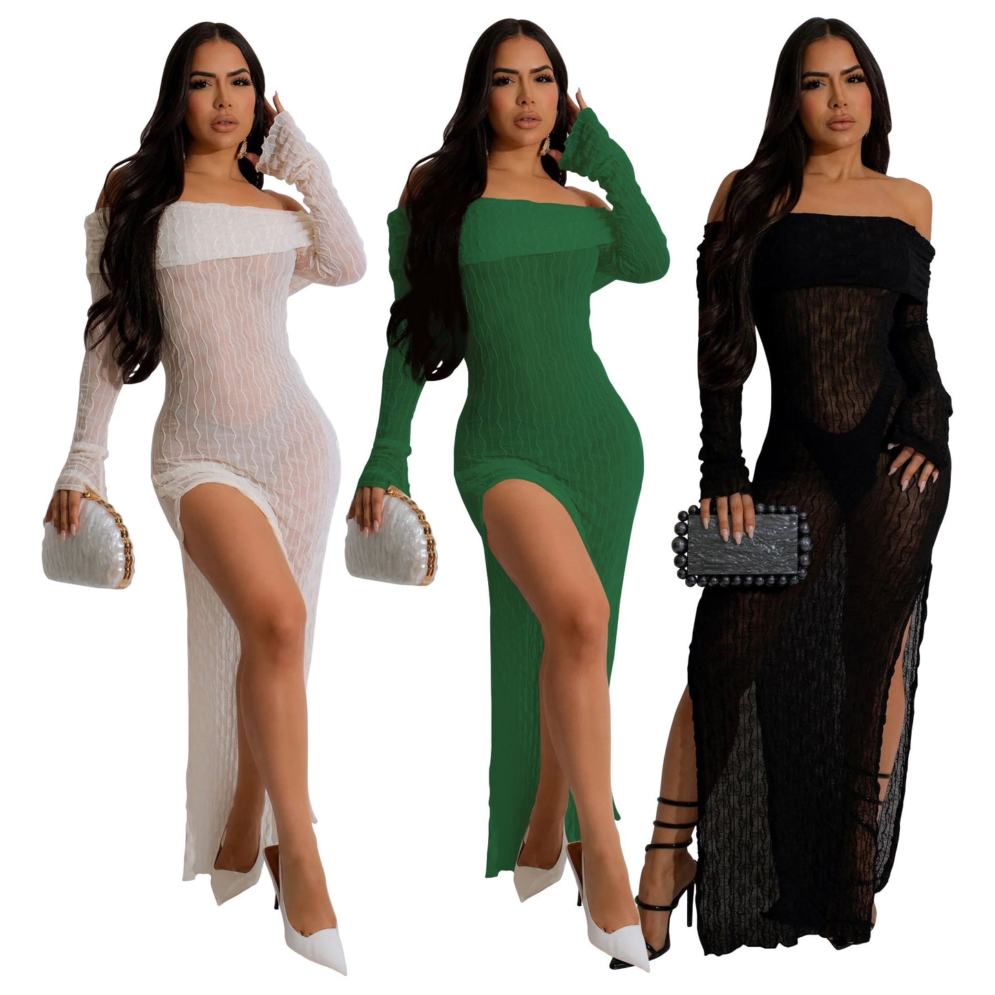 Women's Off-neck Long Sleeve See-through Split Dress