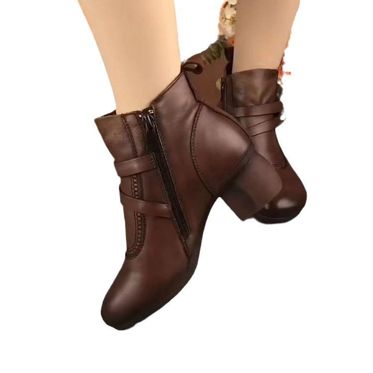 Women's British Style Middle-aged And Elderly Retro Chunky Heel Martin Boots