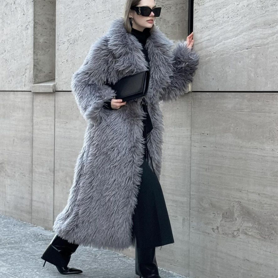 Gray Lapel Extended Plush Coat Warm Thickened Fleece-lined