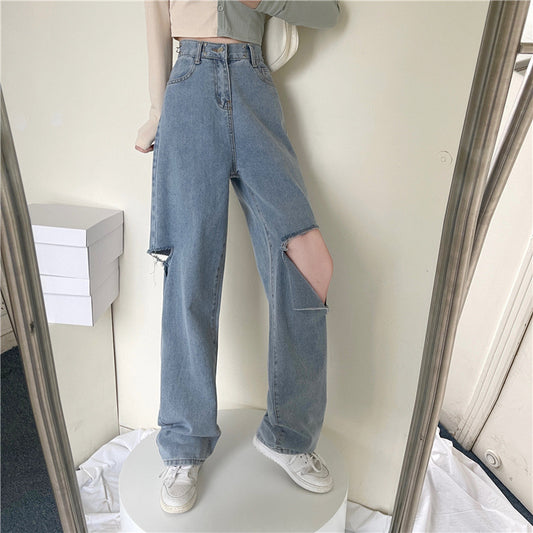 Ripped Jeans Straight High Waist Loose Fitted Flattering