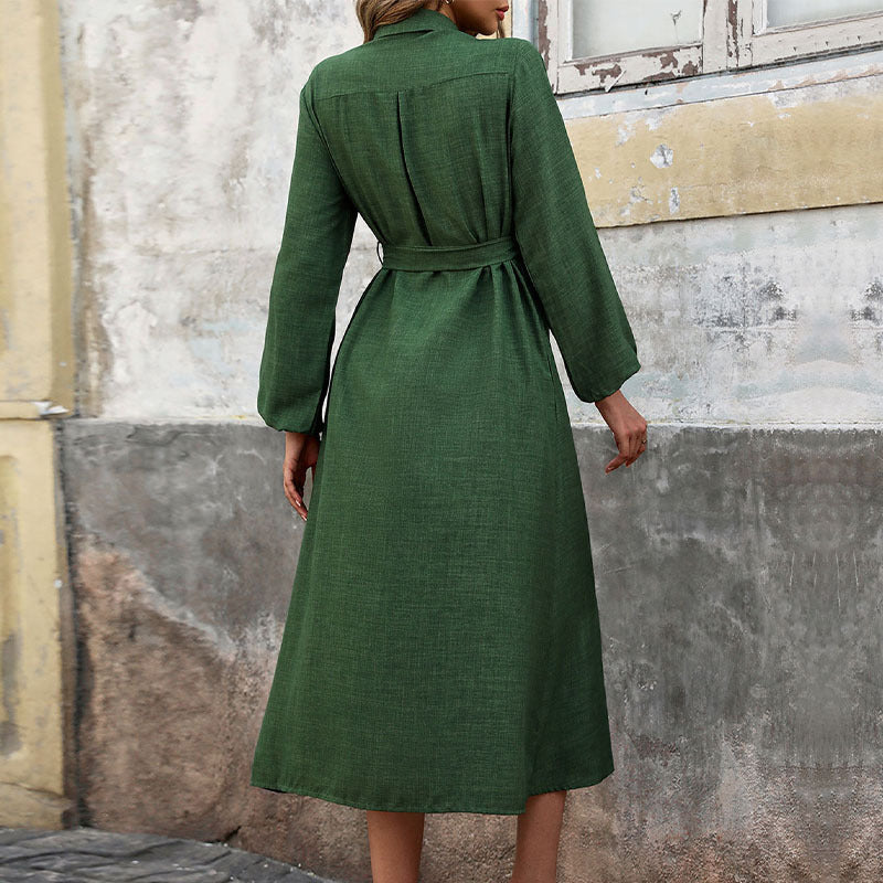 New Women Turn-down Collar Green Long Sleeve Solid Color Dress