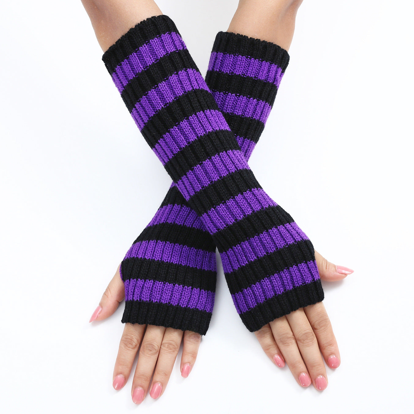 Warm Fashionable Knitted Long Mixed Color Stripe Knitting Wool Gloves