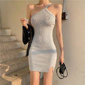 French slim strap oblique shoulder dress